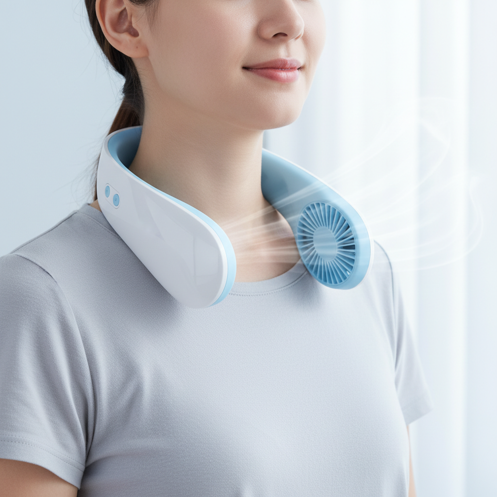 White bladeless neck fan worn around a person's neck, lifestyle product shot