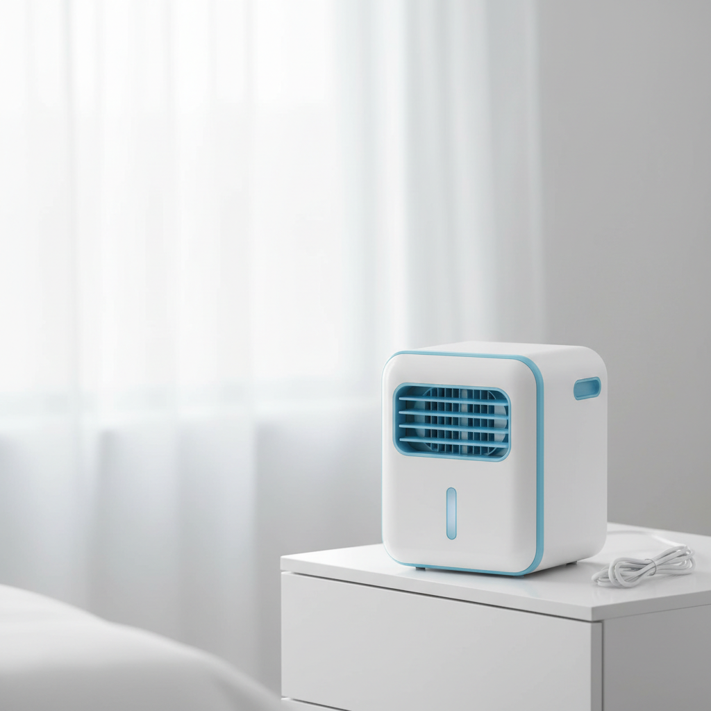 Compact portable air cooler in white and light blue on a bedside table