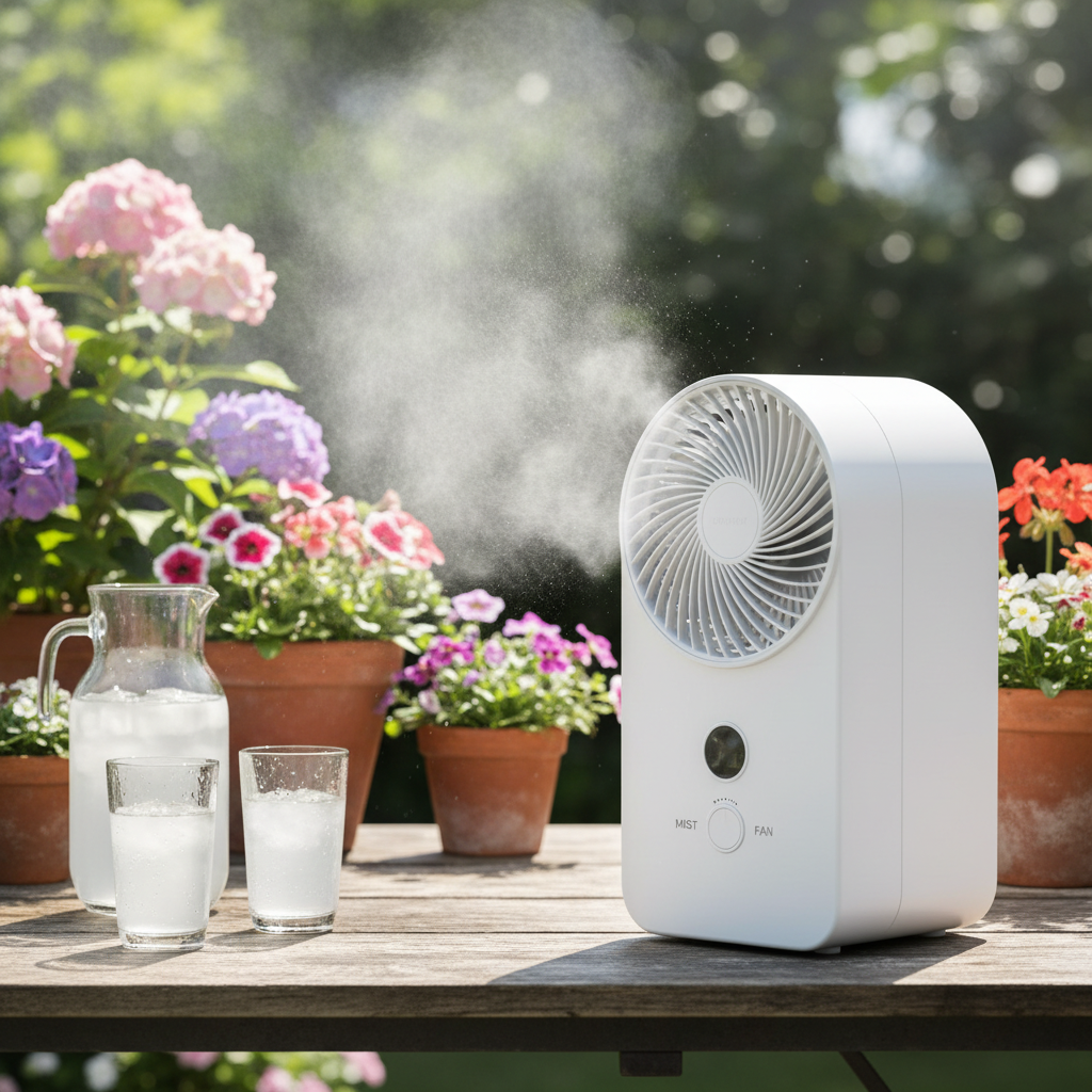 White portable misting fan on a garden patio table with fine water mist spray