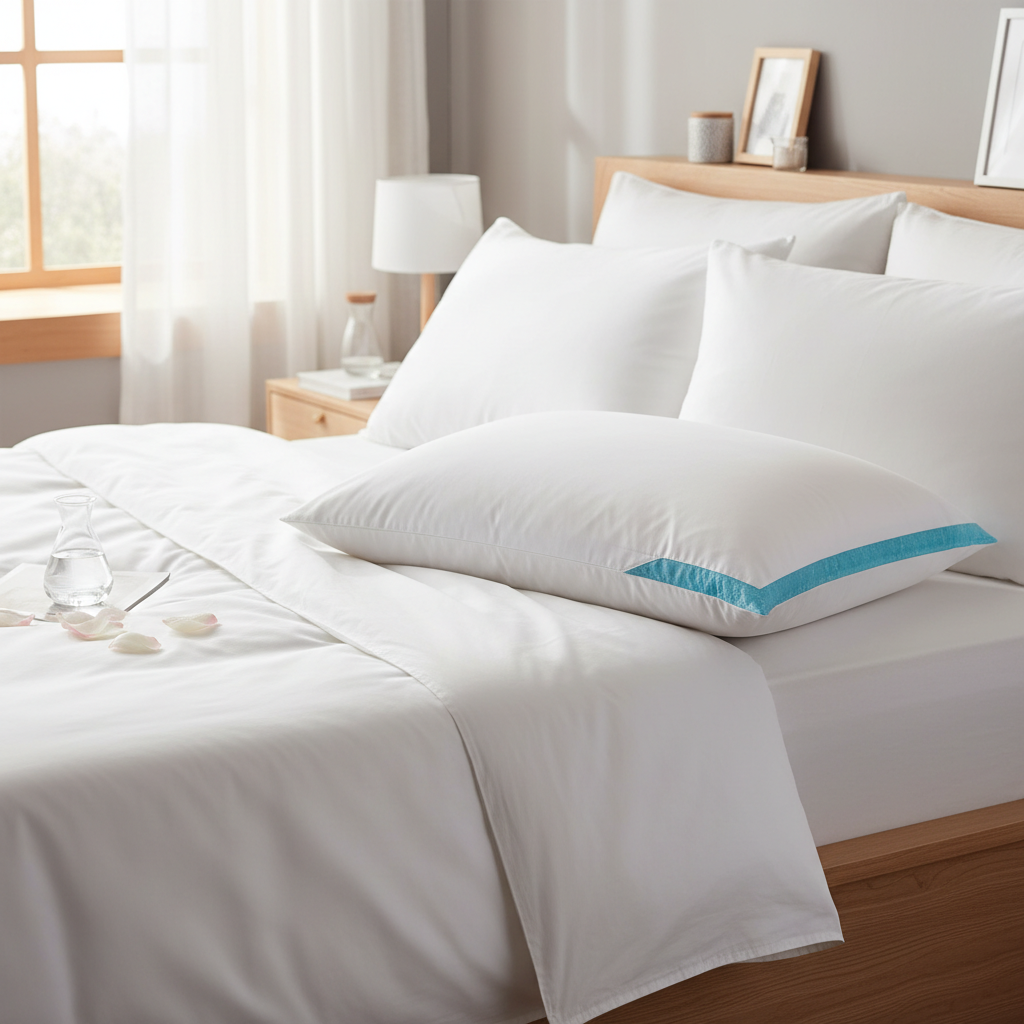 White cooling gel pillow on a neatly made bed with white linen