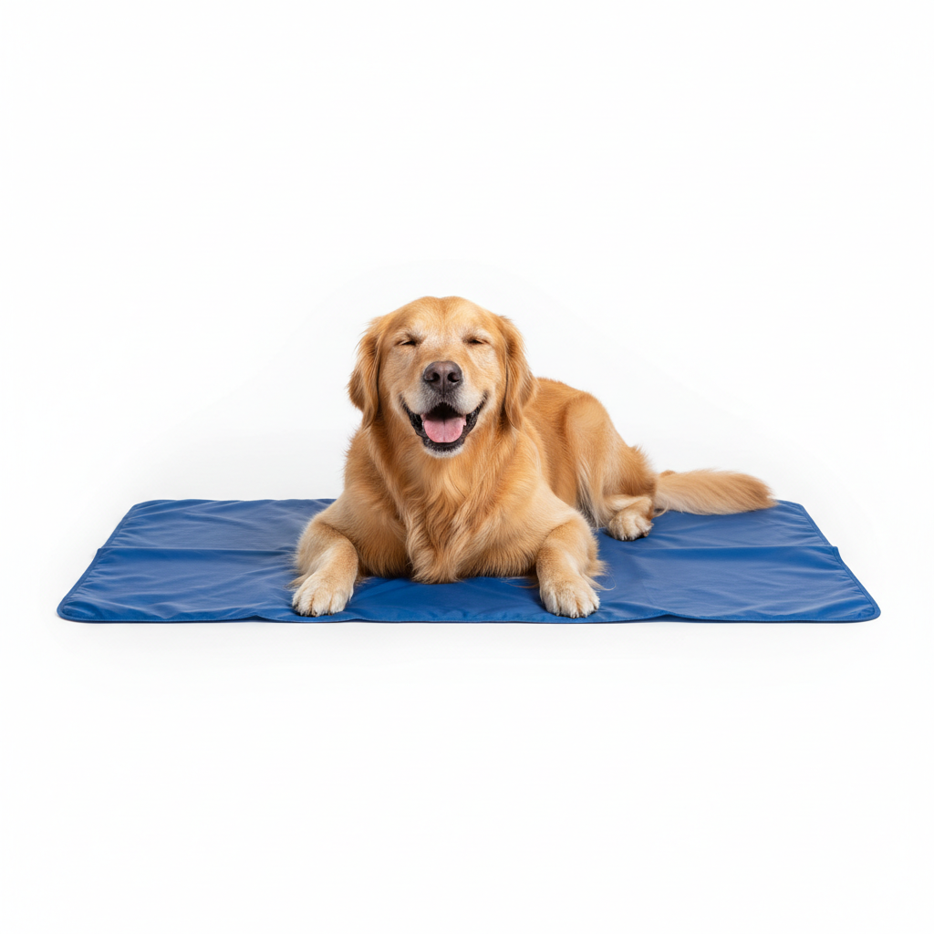 Blue pressure-activated dog cooling gel mat with a golden retriever lying on it
