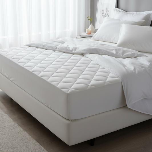 White gel-infused cooling mattress topper on a king size bed with crisp white linen